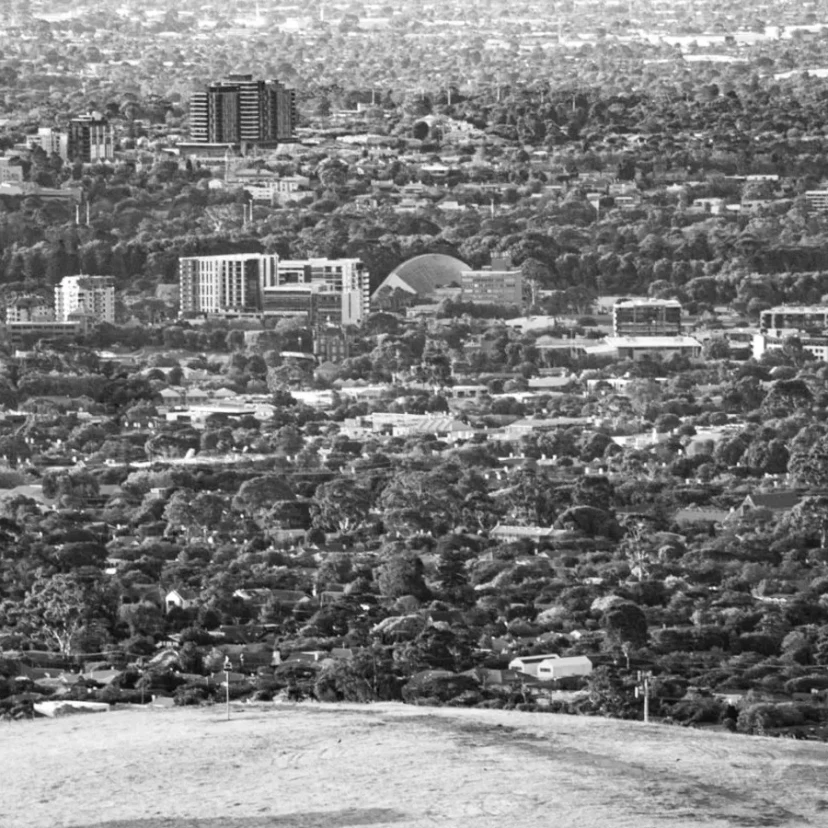 The Adelaide city skyline seen from the surrounding hills