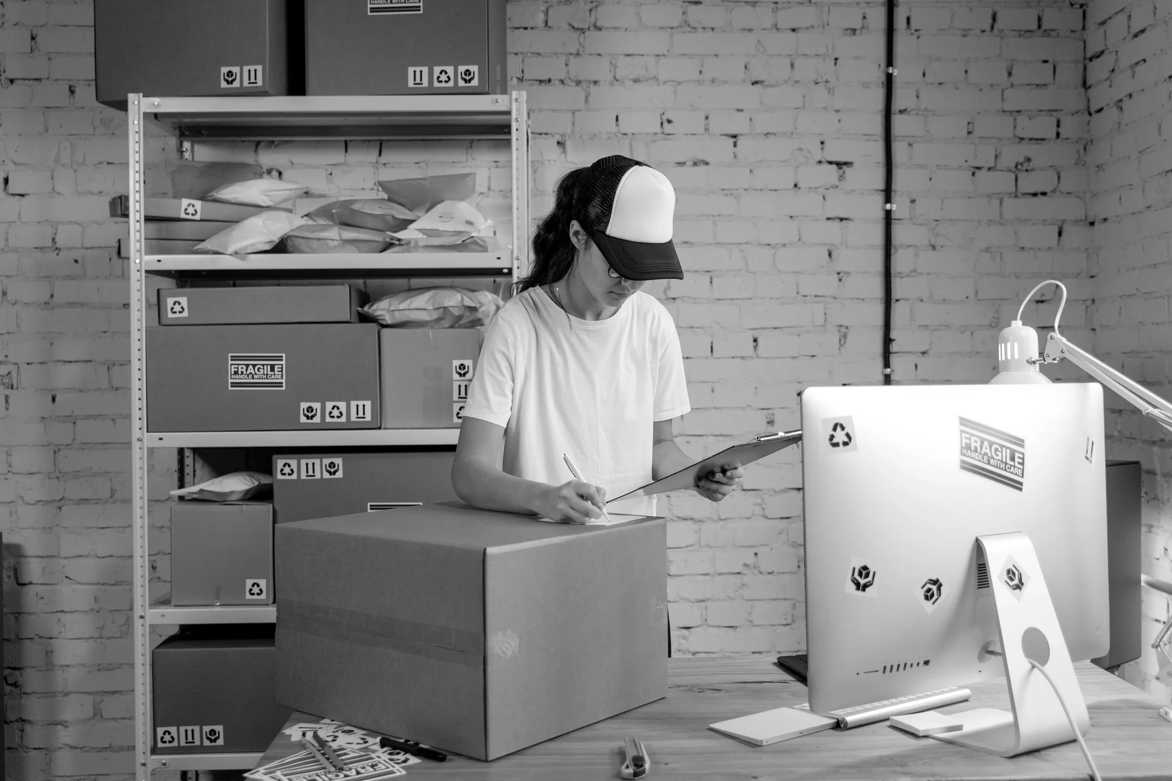 A seller checking inventory in a fulfilment room