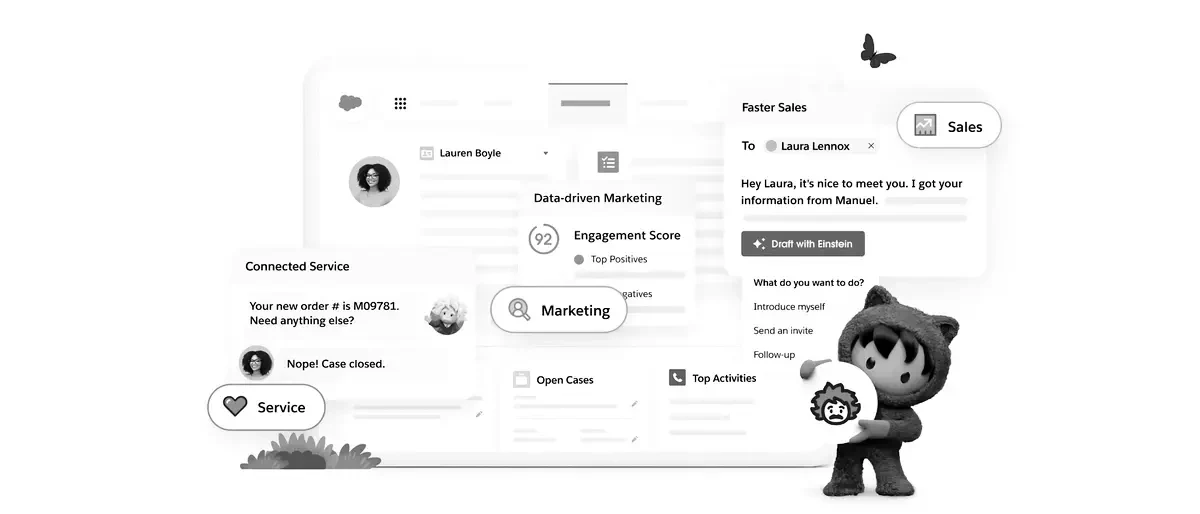 A CRM interface connecting sales, service and marketing