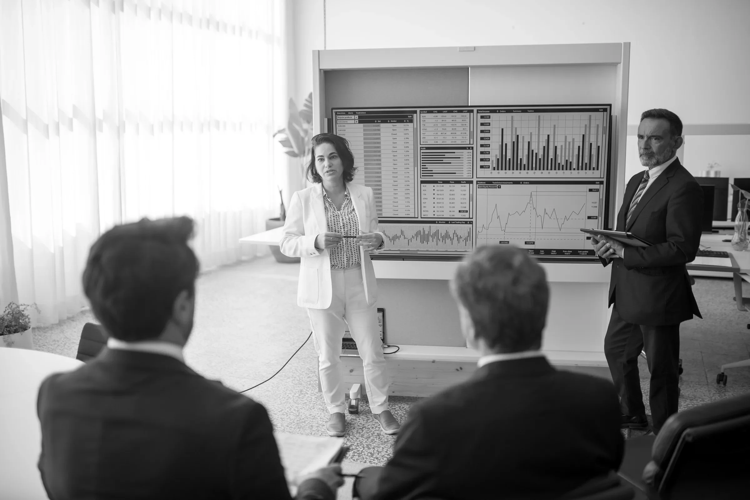 A leadership team reviewing analytics on a boardroom screen