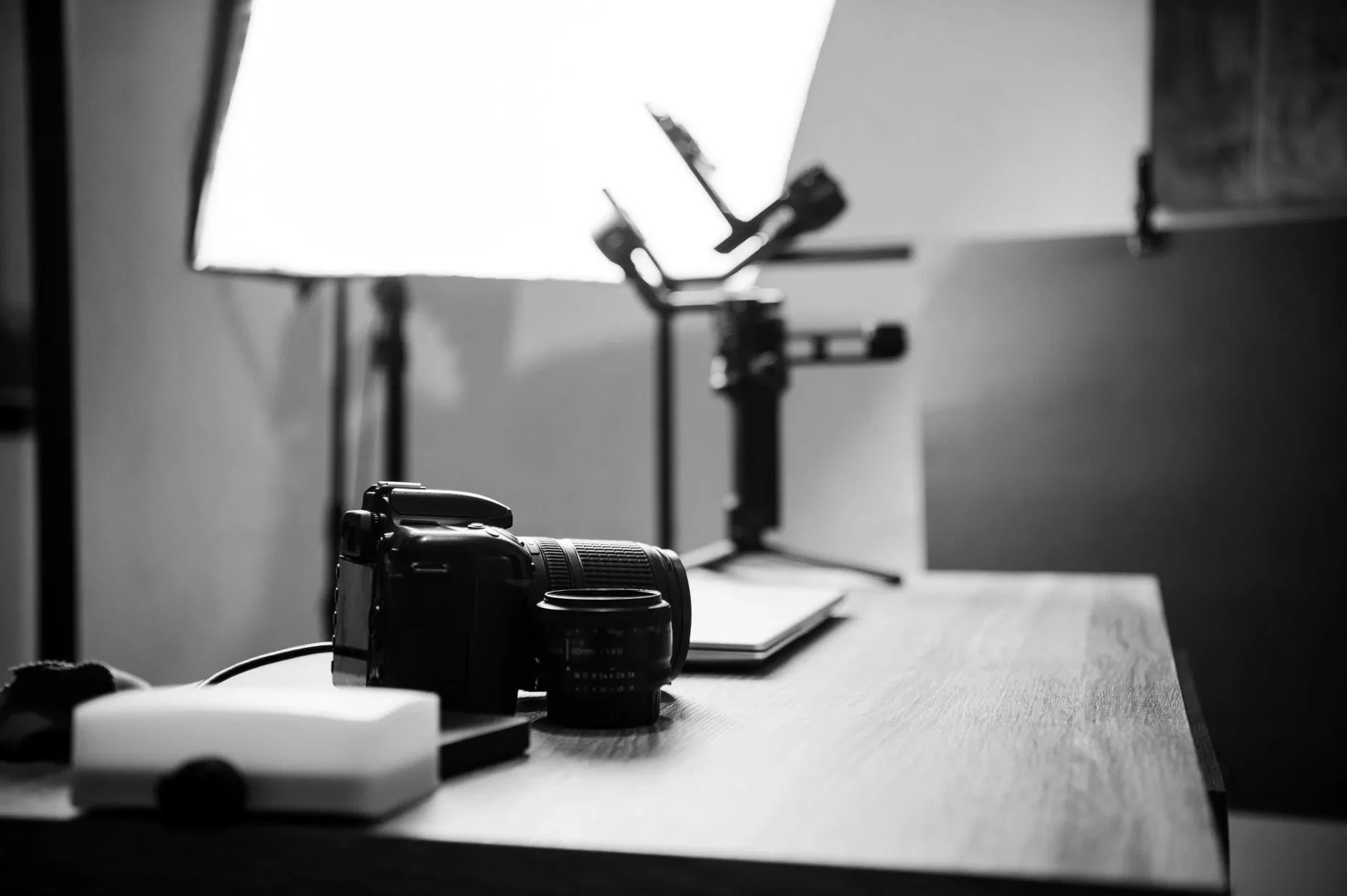 A camera and studio lighting set up for a shoot