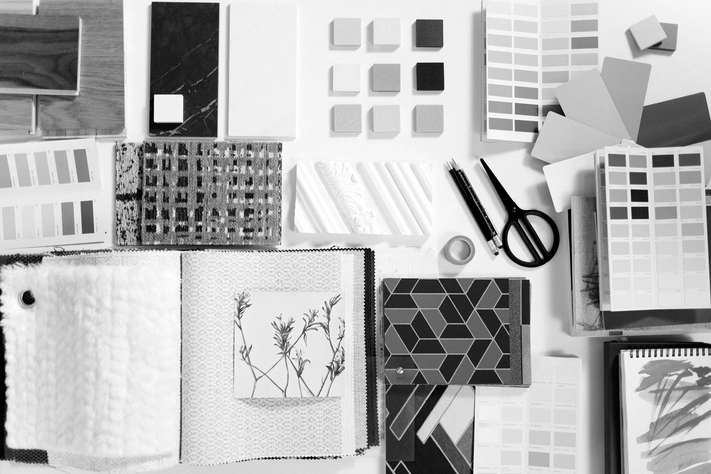 A colourful mood board of materials and swatches