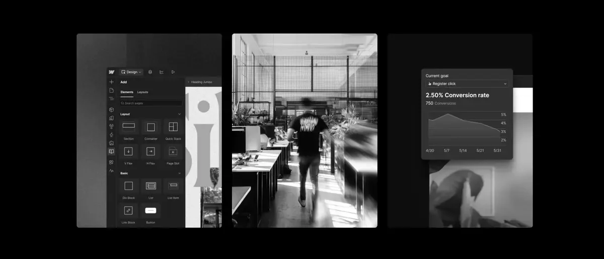 A Webflow site builder alongside a live site and conversion data
