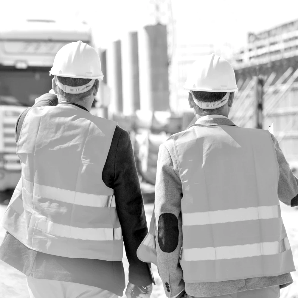 Two site supervisors in high-visibility vests walking through a construction site