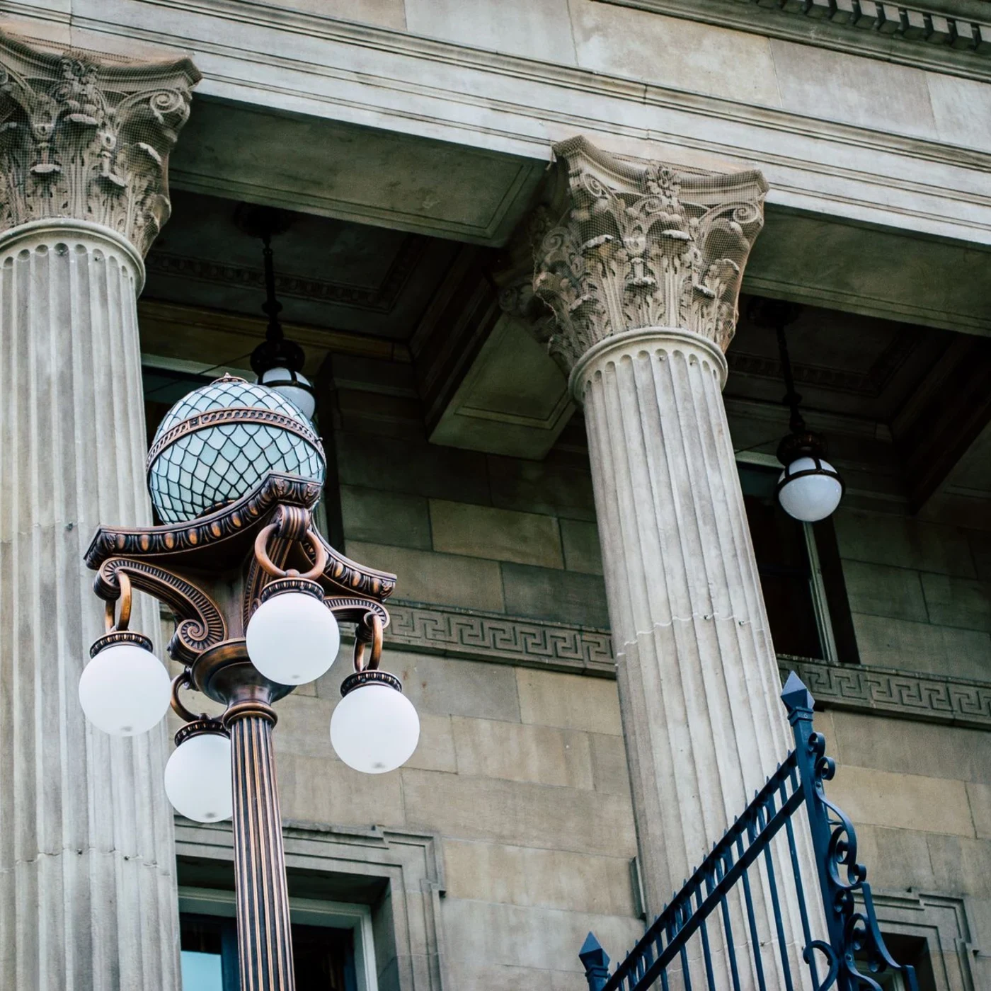 The classical columned facade of a courthouse