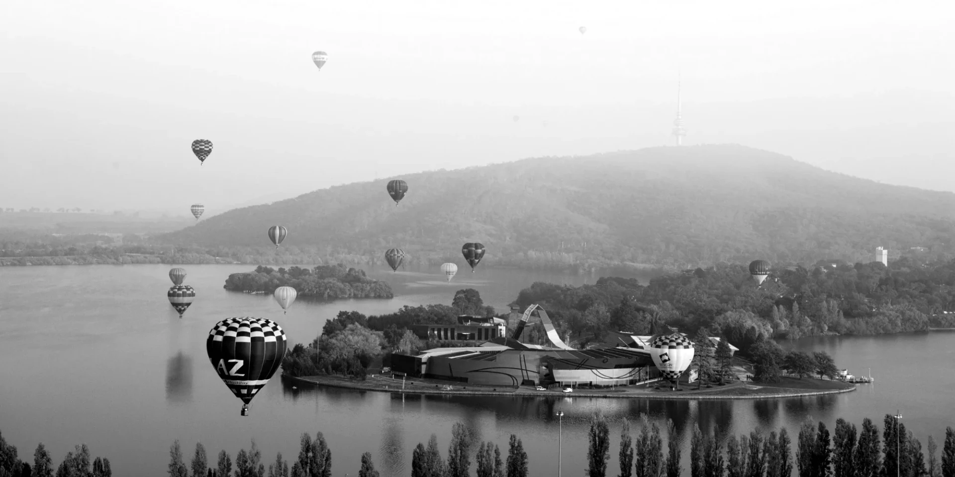Hot air balloons over Lake Burley Griffin, Canberra