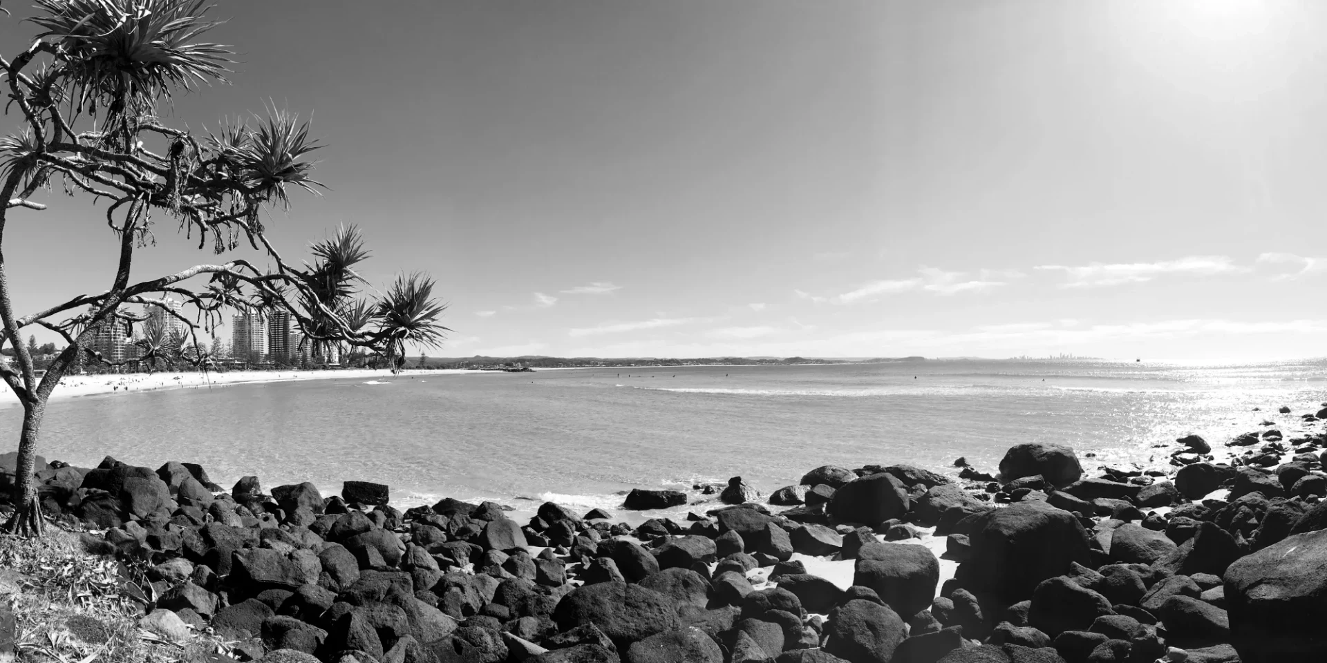 A Gold Coast beach framed by pandanus trees