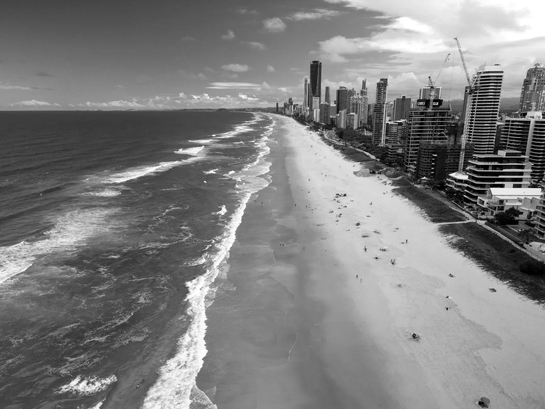 An aerial view of Surfers Paradise beach and skyline