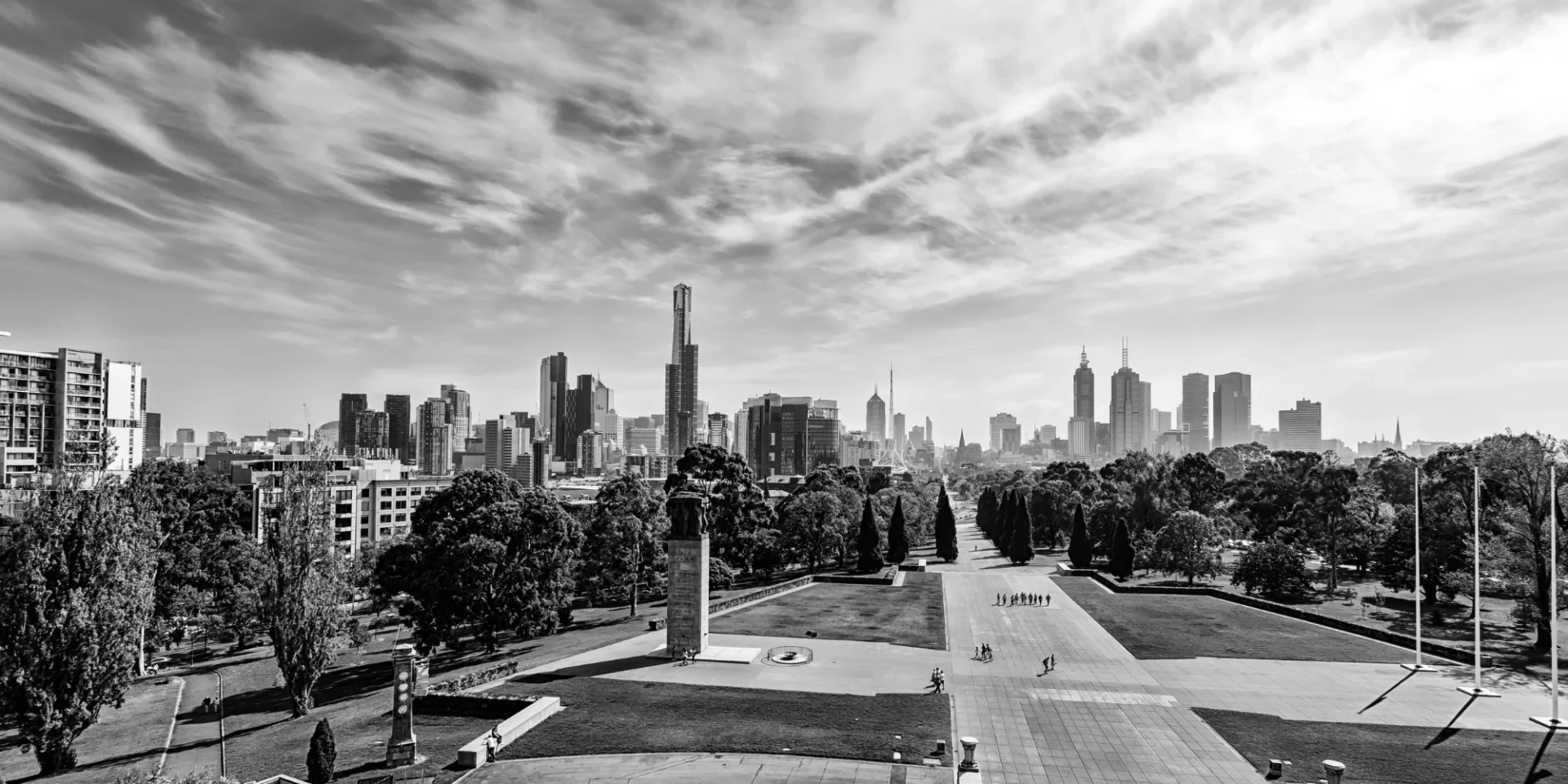 The Shrine of Remembrance forecourt toward the Melbourne CBD