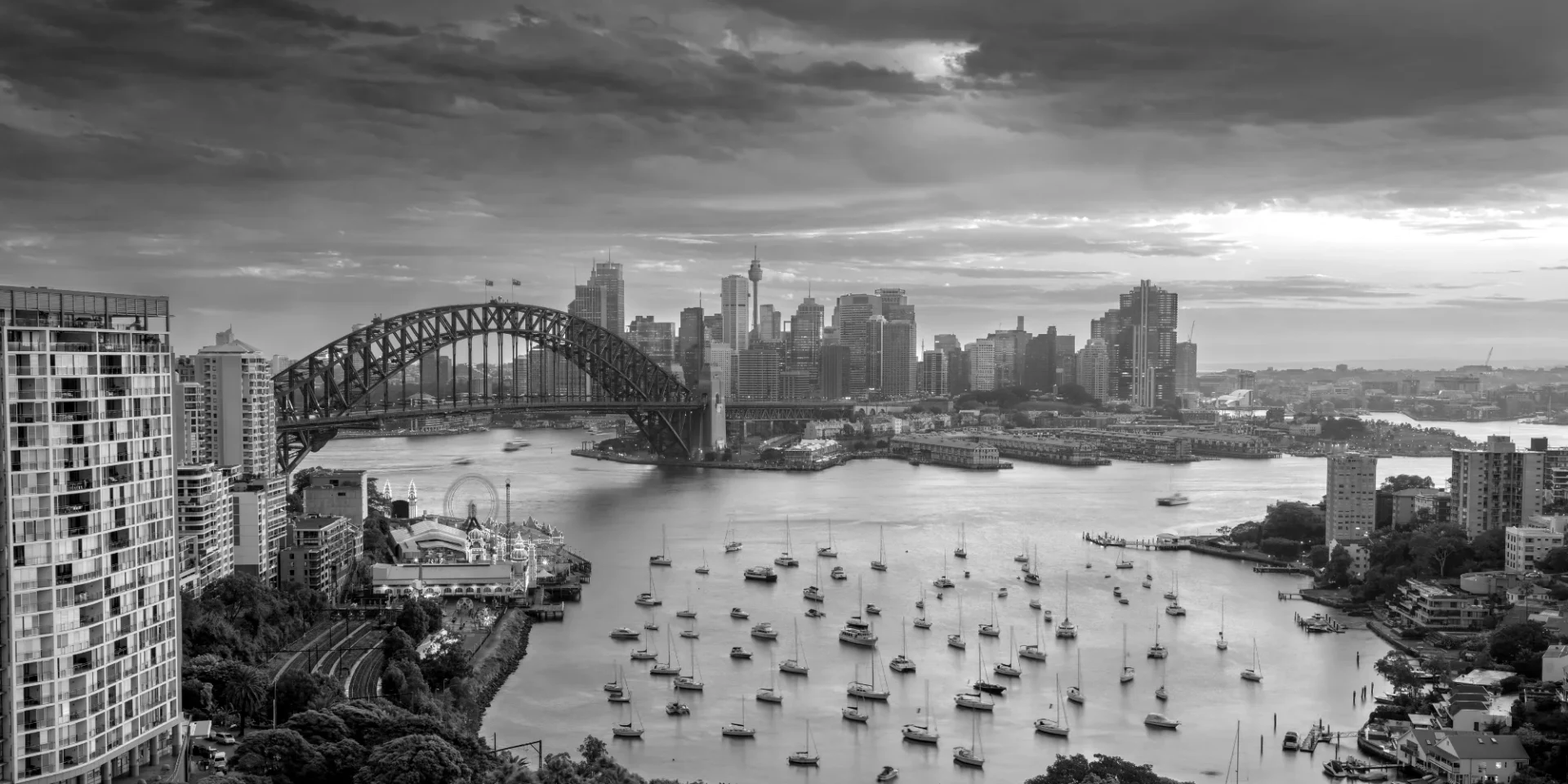 The Sydney Opera House and Harbour Bridge at sunset